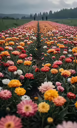 rows of brightly colored flowers line the ground