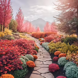 a pathway with plants and shrubs all around