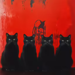 three black cats sit in a row by a red wall