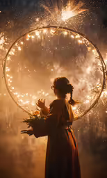 a person holding a circular thing surrounded by fireworks