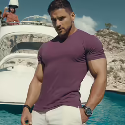 a man standing in front of a white boat on water