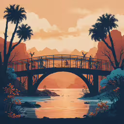 a painting of a bridge over a river surrounded by mountains,a poster of a bridge in a lake surrounded by trees