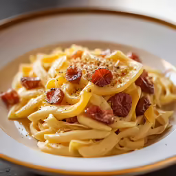 pasta topped with bacon and seasoning in a white bowl
