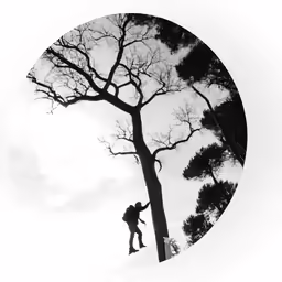 a man climbing up the side of a snow covered tree