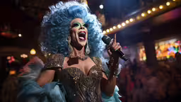 a woman in a blue costume holds a microphone and sings,an attractive lady in blue wig and costume sings into a microphone
