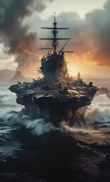an old ship sitting in the middle of the ocean with storm clouds