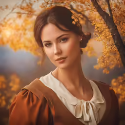 a woman with an up - down hairstyle is posing in front of yellow trees