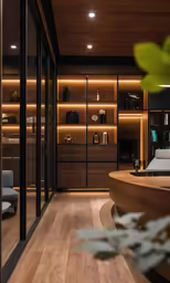 a room with wooden shelves and a couch