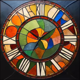 a circular stained glass window with several different shapes and colors