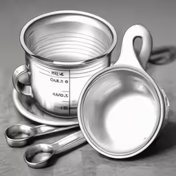 an empty measuring cup and bowl sit in a still life photograph