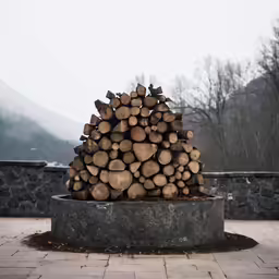 a pile of logs placed on a small table