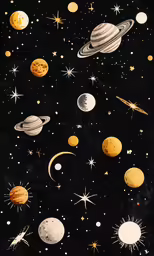 a drawing of many different planets with yellow stars and white stars