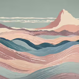a painting depicting many different mountains, waves and clouds,a pastel painting of waves on a green background
