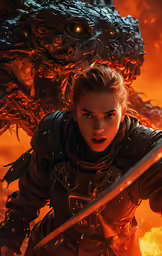 a woman holding a sword in front of fire