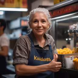 a woman with a black apron on smiling at the camera