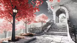 a staircase with red leaves on it next to stairs