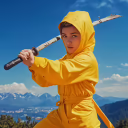 a young man holding a large wooden stick