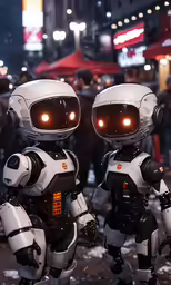 two robots standing next to each other in front of people