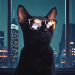 cat in sunglasses staring at the city at night