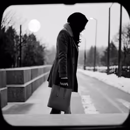 the person is carrying her purse down the street