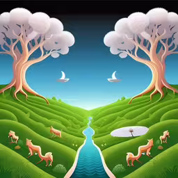 two views of a scenic place with trees, a river and some animals in it,a cartoon scene with a river between two trees