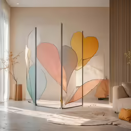 a room with three different colored abstract shapes on a wall