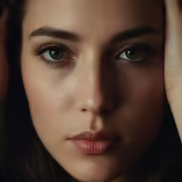 the young woman is looking down with an intense look on her face