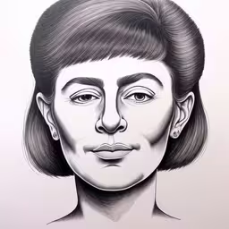 a pencil drawing of a woman with short hair and big eyes,the drawing of this woman is in very high - contrast to her face,a drawing of a woman