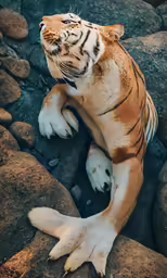 a tiger laying down on a rock covered ground