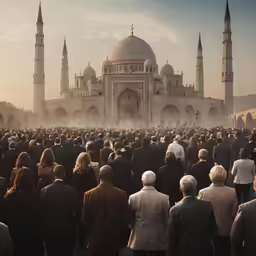 a crowd of people walking through the distance