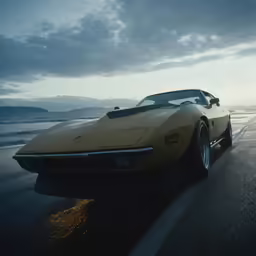 a yellow sports car on the side of a road
