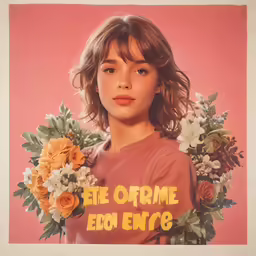 a woman holding some flowers and text in the background