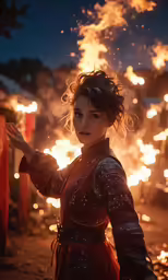 the woman is holding her hand out towards the fire