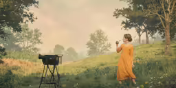 a woman stands on the grass with a camera next to her and looks through a mirror
