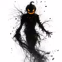 an abstract image of a person with orange eyes and black hair