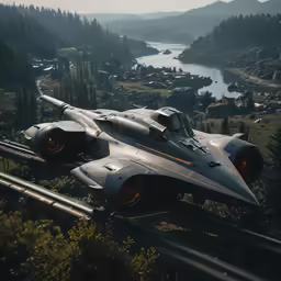 a jetliner is flying low over some hills and water