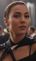 a woman wearing black is posing for a picture