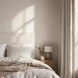 the bedroom has a white bed, wood nightstands, and a large window