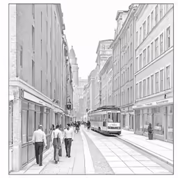 a black and white photo of people walking down the street