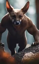 a dog jumping off a rock into the air