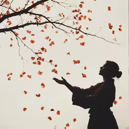 the silhouette of a woman in front of some autumn leaves