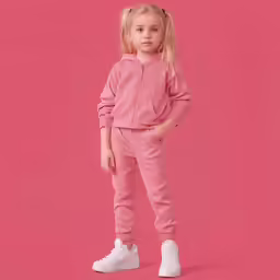 little girl in pink tracksuits standing against a pink background