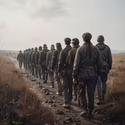 several men are walking down the road in uniform