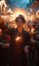 a girl holds out two sparklers in a crowded city