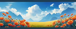 this is an image of a field of flowers with mountains in the background