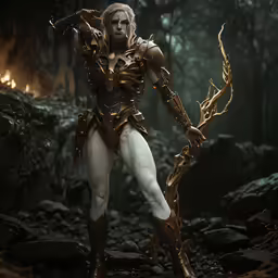 the female character is holding an arrow in the woods