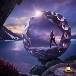 a woman standing on top of a big crystal ball in the middle of water