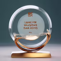 a glass award on a stand with gold trim