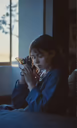 a girl is on the phone in front of a window
