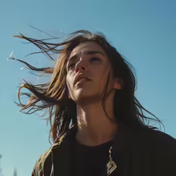 a girl standing with her hair in the wind